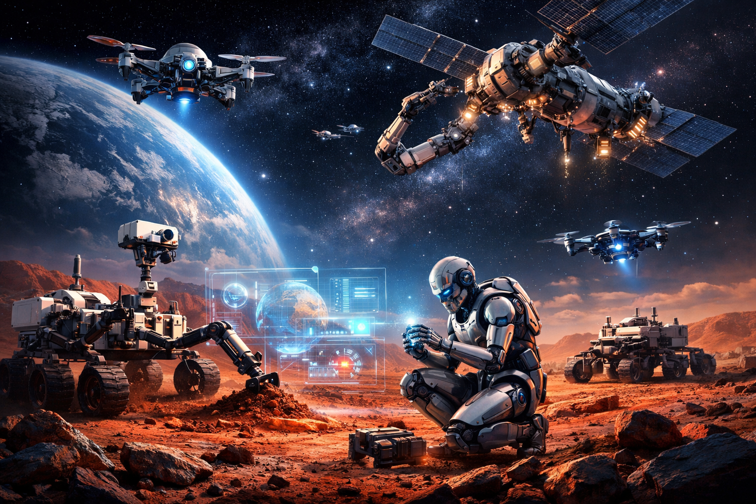 Space robot rover exploring the surface of Mars with autonomous navigation systems