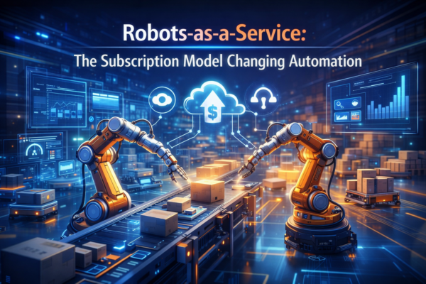 Robots-as-a-Service subscription model showing industrial robots working in a warehouse