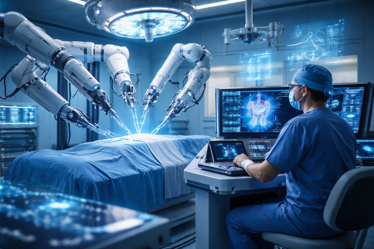 Surgeon operating da Vinci robotic surgical system in a modern operating room