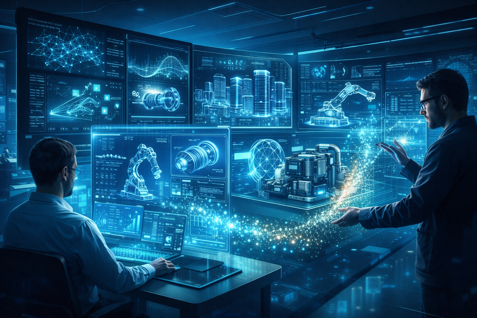 Engineer reviewing synthetic data results on a computer screen during an engineering simulation