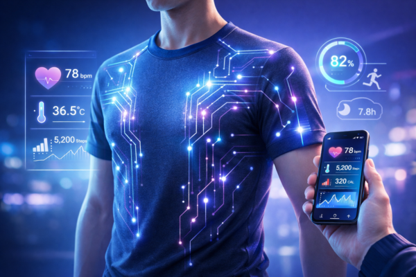 Person wearing smart clothing with embedded sensors for health and fitness tracking
