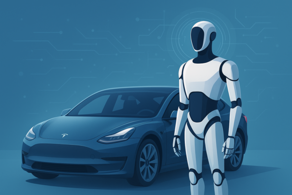 Tesla Optimus humanoid robot walking in a factory environment