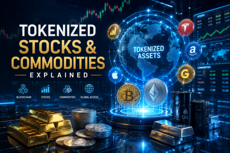 Tokenized stocks and commodities on blockchain network with digital gold and stock market symbols