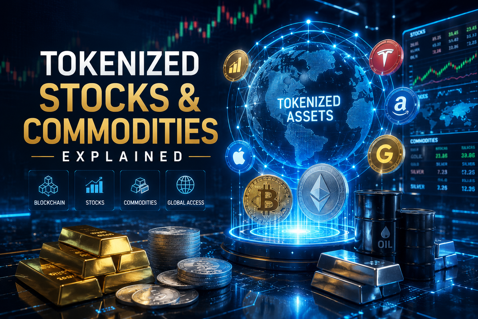 Tokenized stocks and commodities on blockchain network with digital gold and stock market symbols