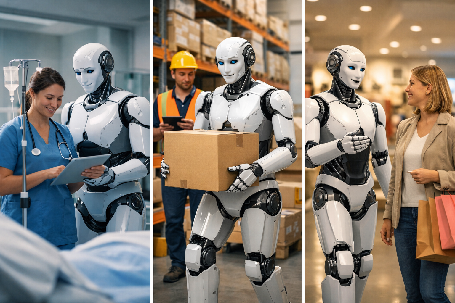Humanoid robot working alongside humans in a factory setting