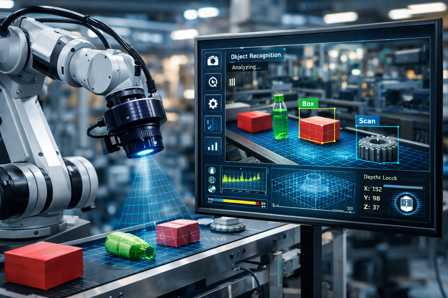 Vision-controlled industrial robot using cameras and AI to identify and pick objects on a factory floor