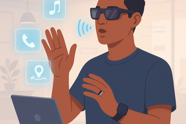 Person using voice and gesture control on a smartwatch and AR glasses in 2025