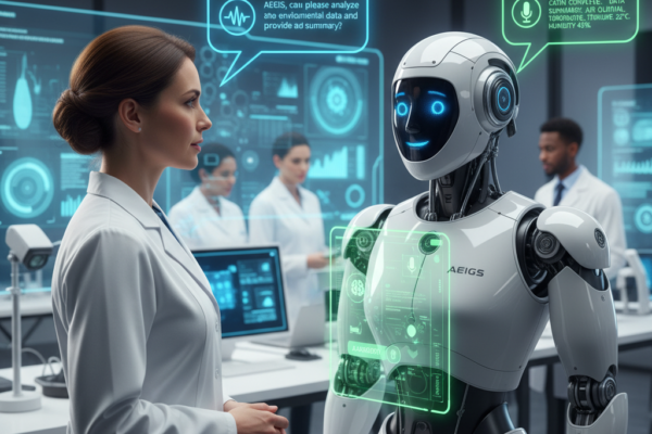 A humanoid robot responding to voice commands from a person using natural language interface technology