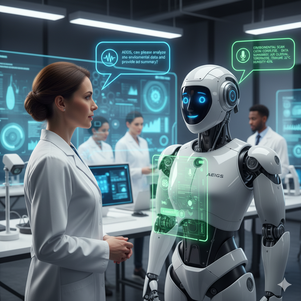 A humanoid robot responding to voice commands from a person using natural language interface technology