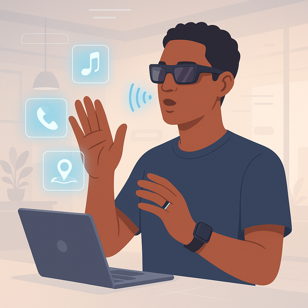 Person using voice and gesture control on a smartwatch and AR glasses in 2025
