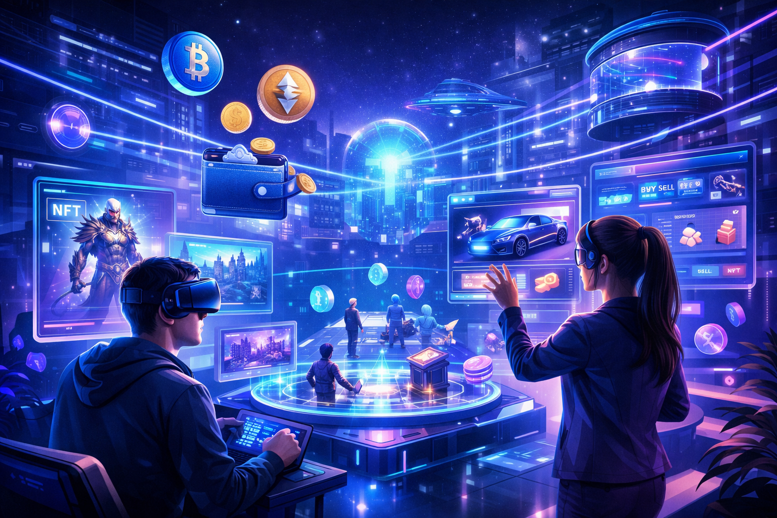 Web3 NFTs and GameFi blockchain gaming digital ownership illustration