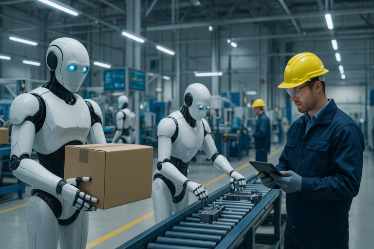 Humanoid robot working alongside humans in a factory in 2025