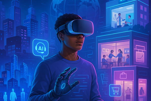 Person wearing a VR headset experiencing Extended Reality and Metaverse technology