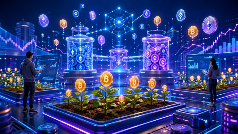 Beginner's guide to yield farming in DeFi showing crypto coins and liquidity pools