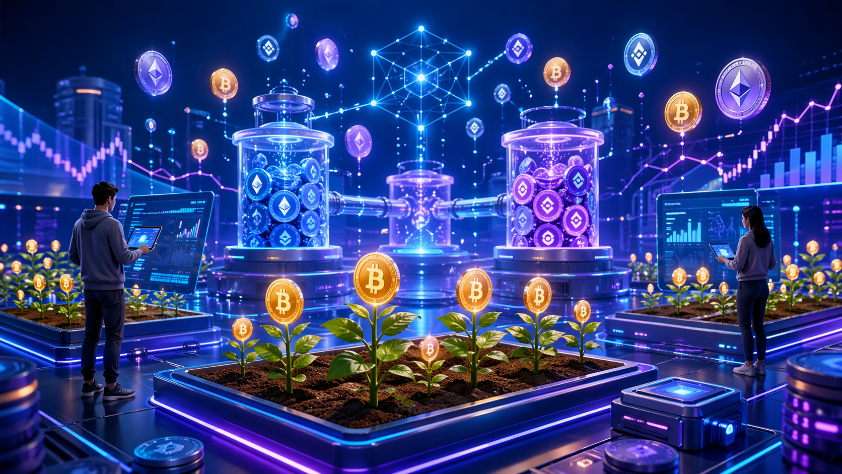 Beginner's guide to yield farming in DeFi showing crypto coins and liquidity pools