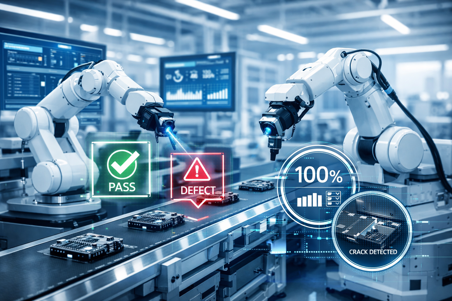 Industrial robot performing quality inspection on a manufacturing production line for zero-defect manufacturing