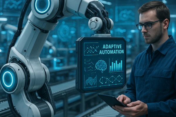 AI-powered smart robot working on an adaptive automation assembly line in a modern factory