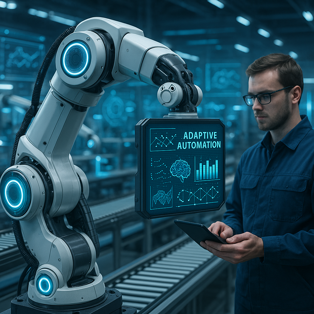 AI-powered smart robot working on an adaptive automation assembly line in a modern factory