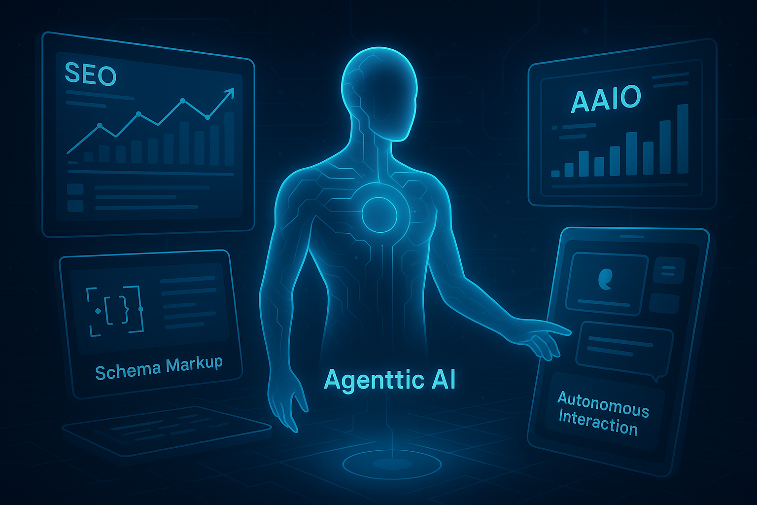 Agentic AI and AAIO optimization concept showing AI agent interacting with a website