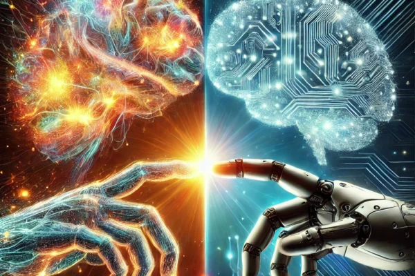 AI robot and human brain side by side representing AI vs human intelligence comparison