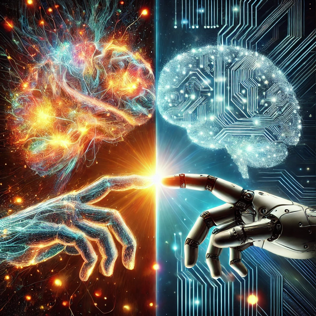 AI robot and human brain side by side representing AI vs human intelligence comparison