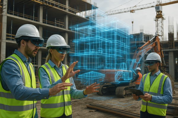 Engineer using augmented reality headset on a construction job site to view 3D building model