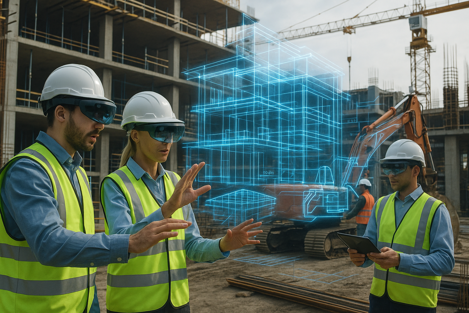 Engineer using augmented reality headset on a construction job site to view 3D building model