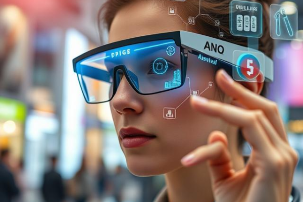 Person wearing AR glasses with digital overlays visible in real-world environment