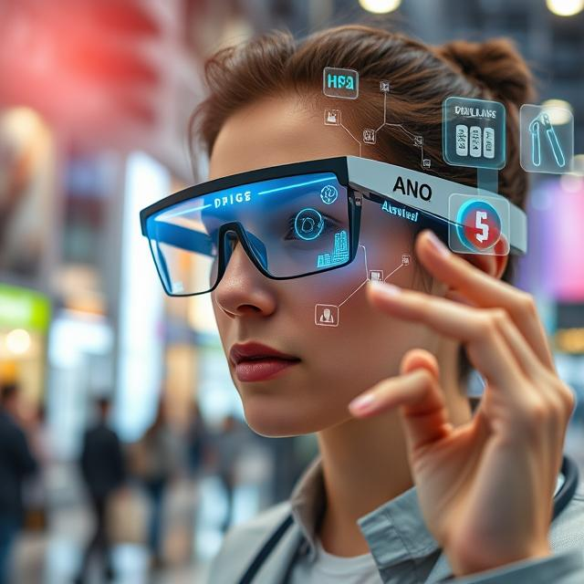 Person wearing AR glasses with digital overlays visible in real-world environment