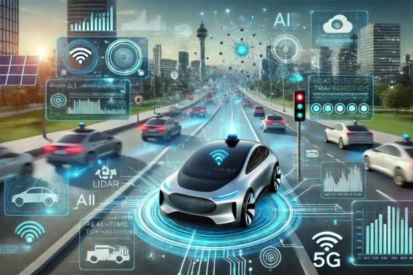 Autonomous vehicle with sensors and cameras navigating a city road without a human driver