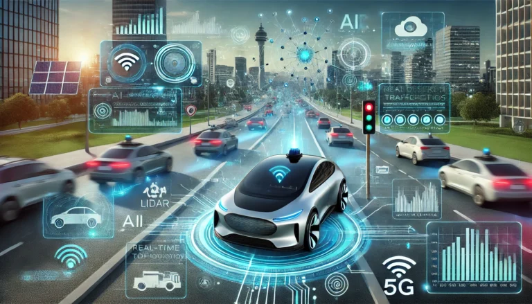 Autonomous vehicle with sensors and cameras navigating a city road without a human driver