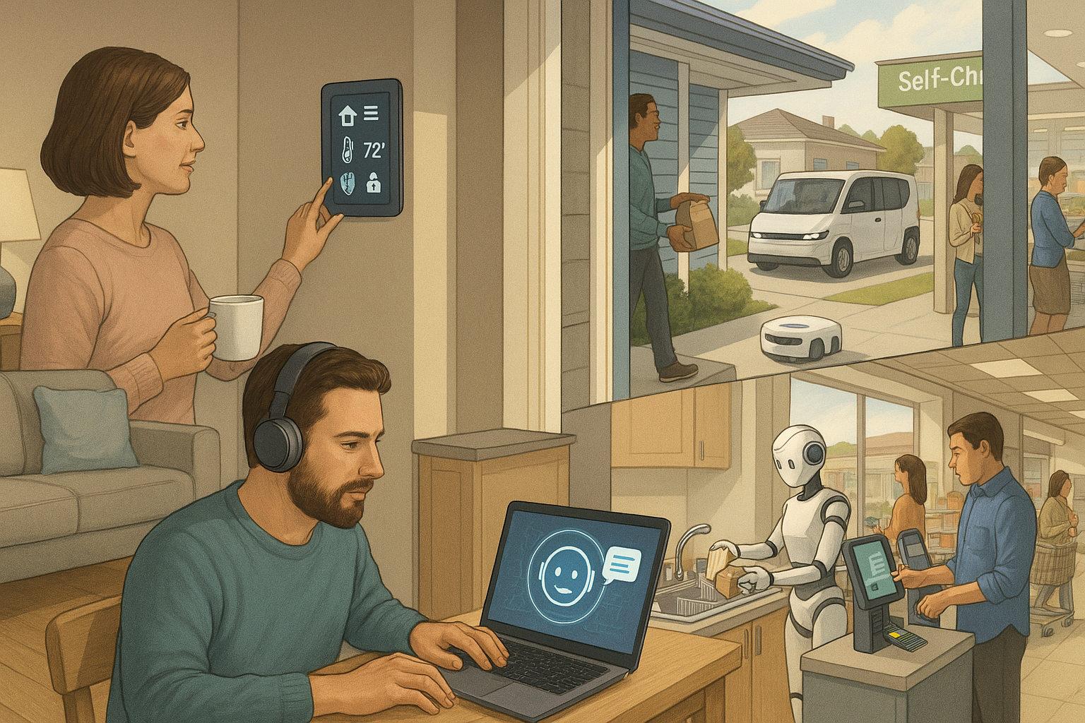 Smart home automation devices and robots representing how automation is changing daily life