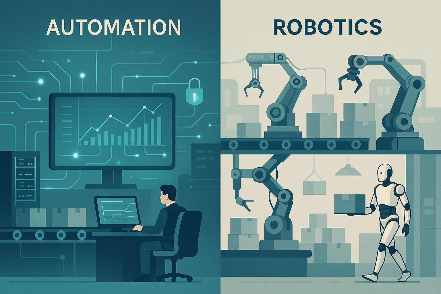 Automation vs robotics comparison showing a robotic arm and software automation workflow