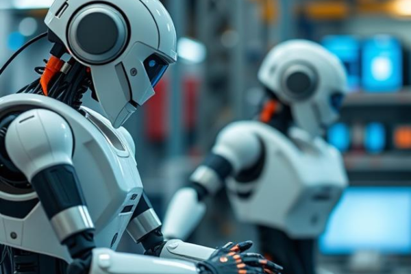 Collaborative robot (cobot) working alongside a human worker in a modern manufacturing facility