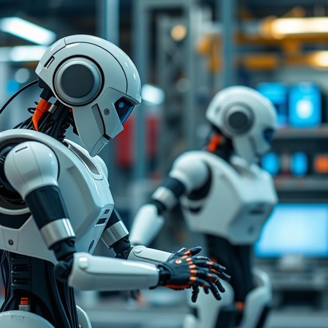 Collaborative robot (cobot) working alongside a human worker in a modern manufacturing facility