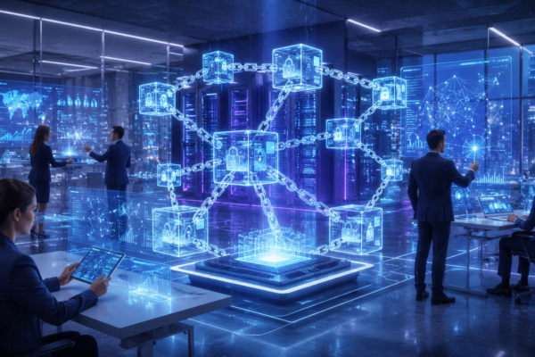 AI-powered blockchain network connecting industries including healthcare, finance, and supply chain
