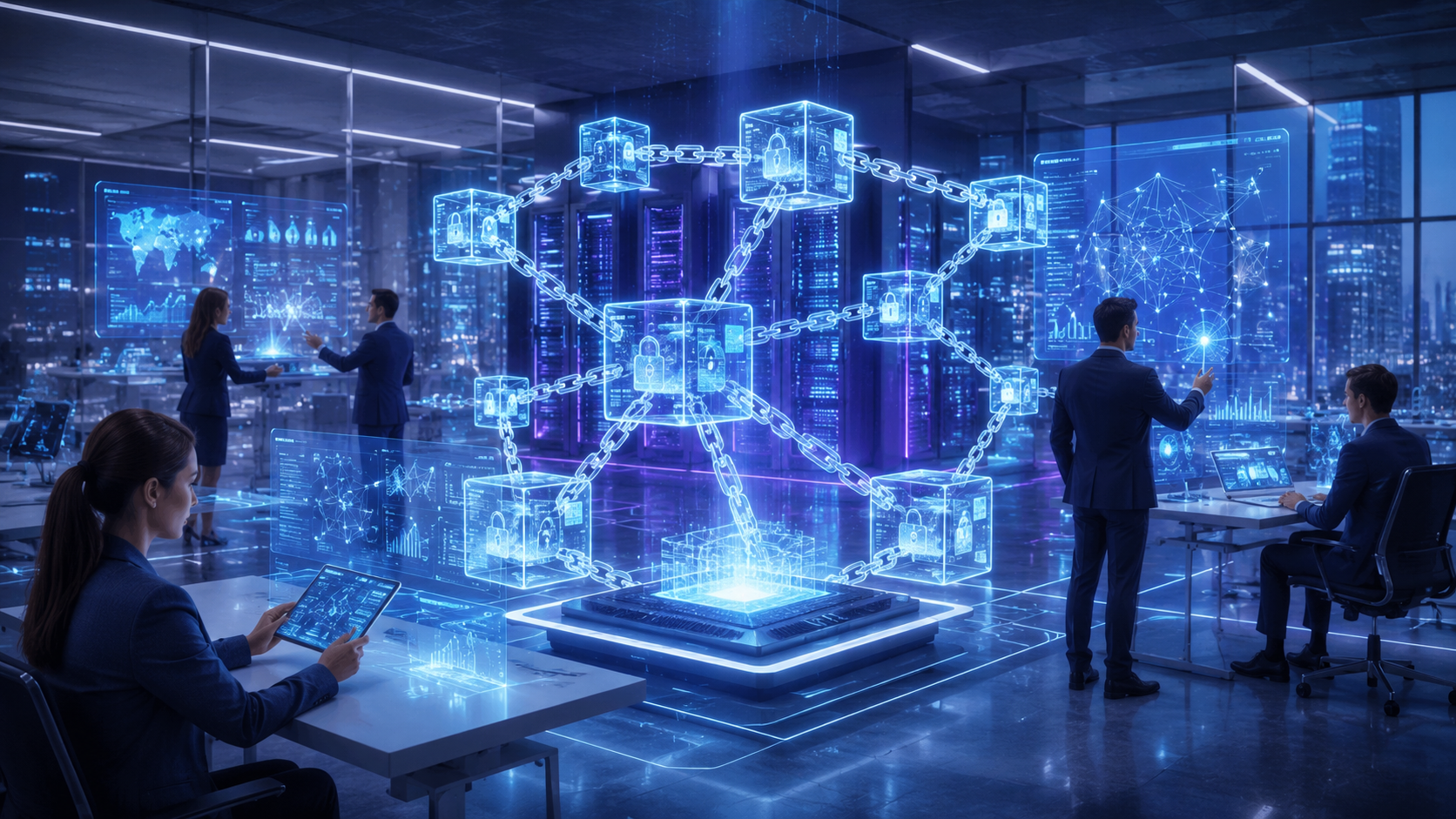AI-powered blockchain network connecting industries including healthcare, finance, and supply chain