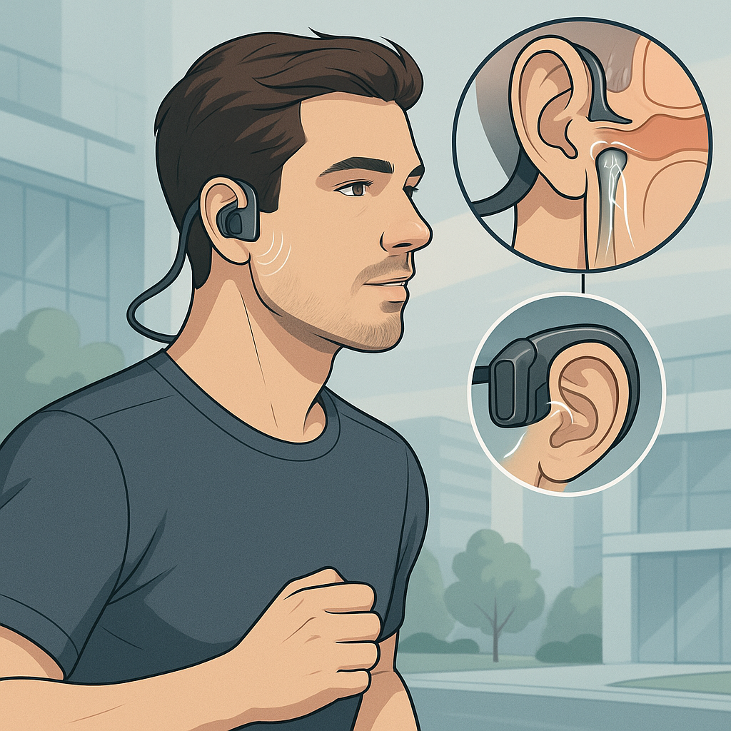 Person wearing bone conduction headphones while jogging outdoors