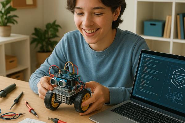 Beginner building their first robot at home using Arduino and basic electronic components