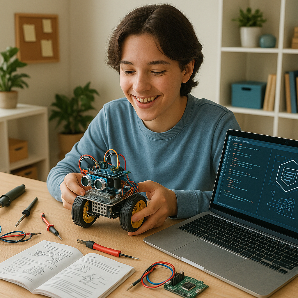 Beginner building their first robot at home using Arduino and basic electronic components