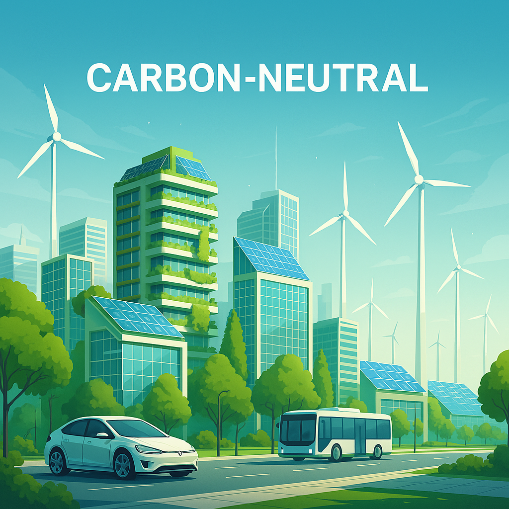 Carbon-neutral infrastructure with solar panels, green buildings, and sustainable urban design