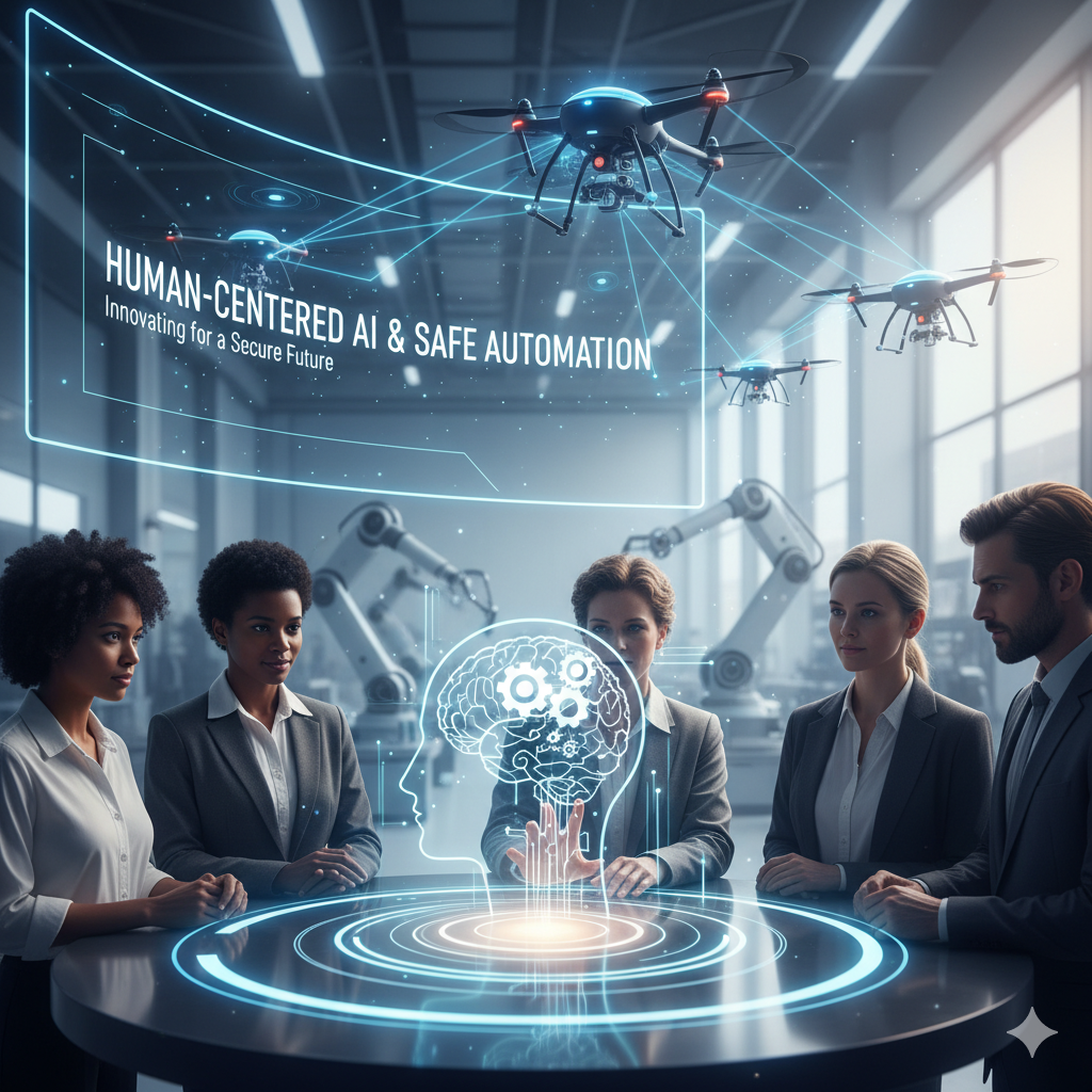 Human-centered AI robot working safely alongside a human worker in a modern factory in 2025