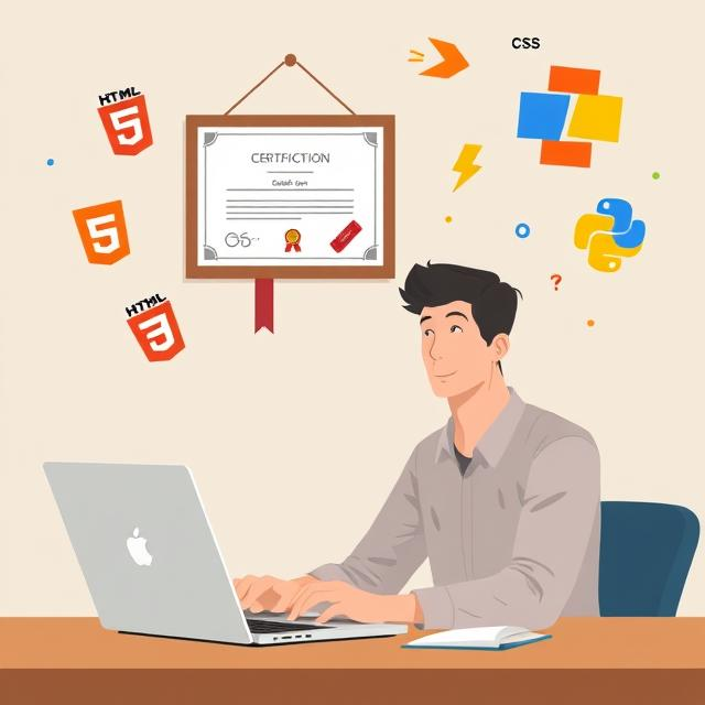 A web developer studying for a web development certification on a laptop