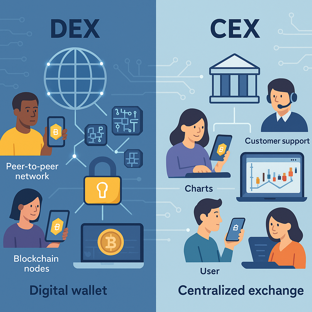 DEX vs CEX crypto exchange comparison showing Binance Coinbase Uniswap and PancakeSwap platforms