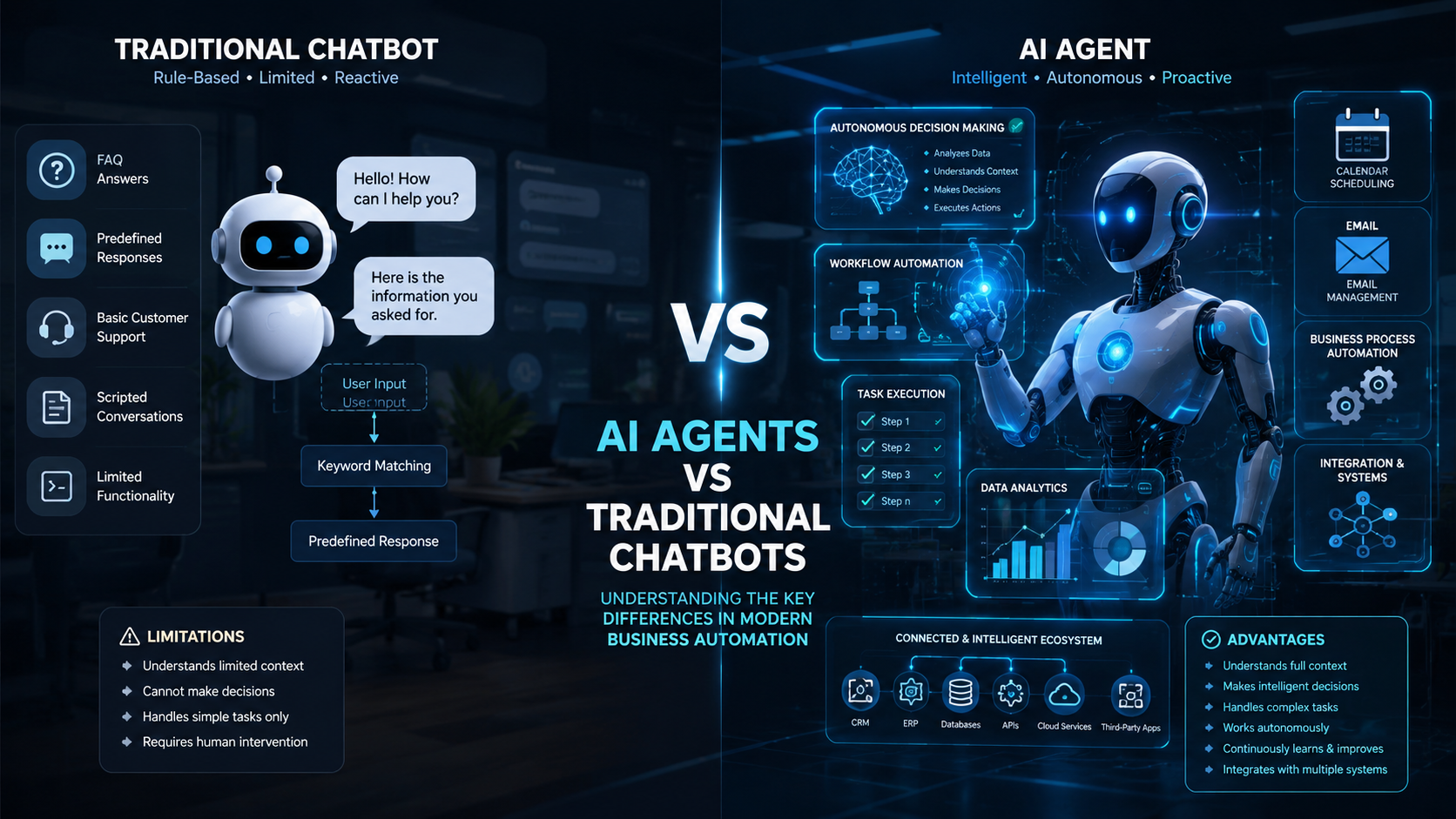 AI agents versus traditional chatbots comparison showing key differences in automation and intelligence