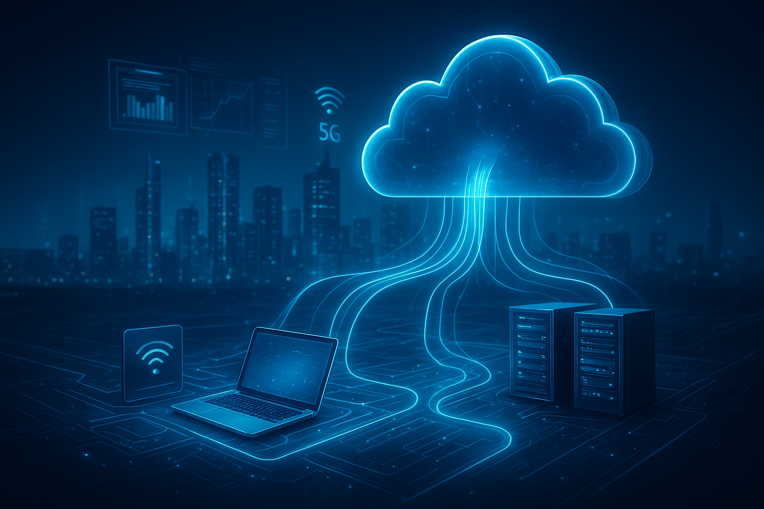 Diagram showing edge-to-cloud software architecture with IoT devices, edge servers, and cloud platforms like AWS and Azure