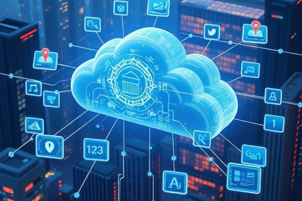 Cloud computing concept showing servers, data storage and internet connectivity for businesses