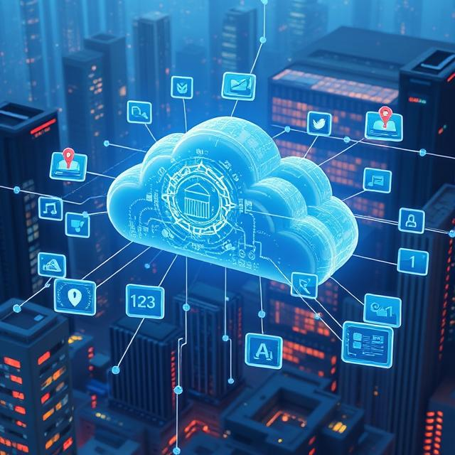 Cloud computing concept showing servers, data storage and internet connectivity for businesses
