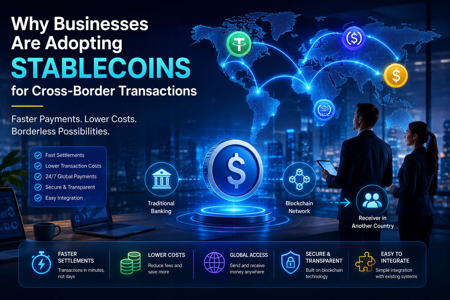 Businesses using stablecoins for fast and low-cost cross-border payments on blockchain network
