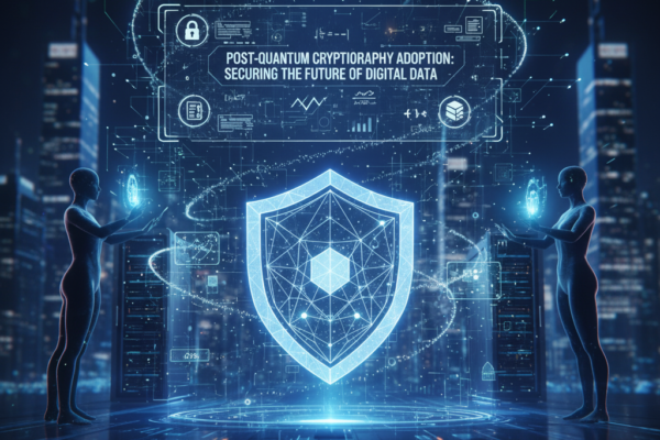 Post-Quantum Cryptography concept showing quantum-safe encryption protecting digital data from quantum computer attacks